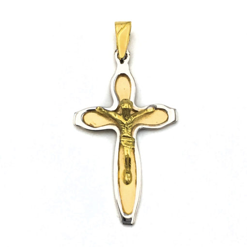 Cruz oro blanco y amarillo con cristo, recomendada para comunión. Elaborada en oro 1ª Ley 18k ,750 milésimas.