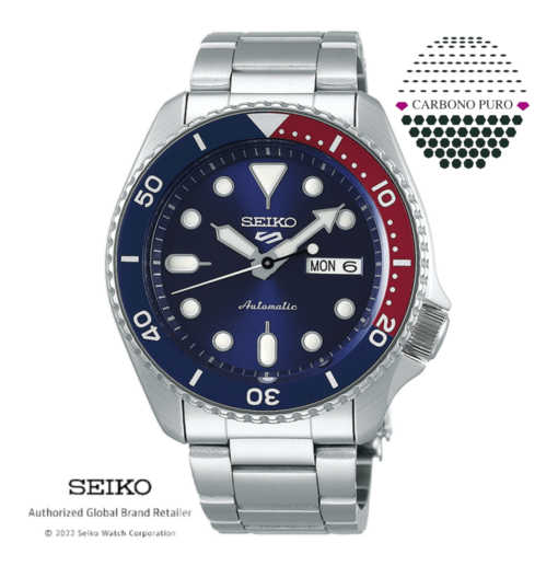 SRPD53K1 Reloj Seiko 5 Hombre Automático Sports Azul Rojo Sumergible CARBONO PURO